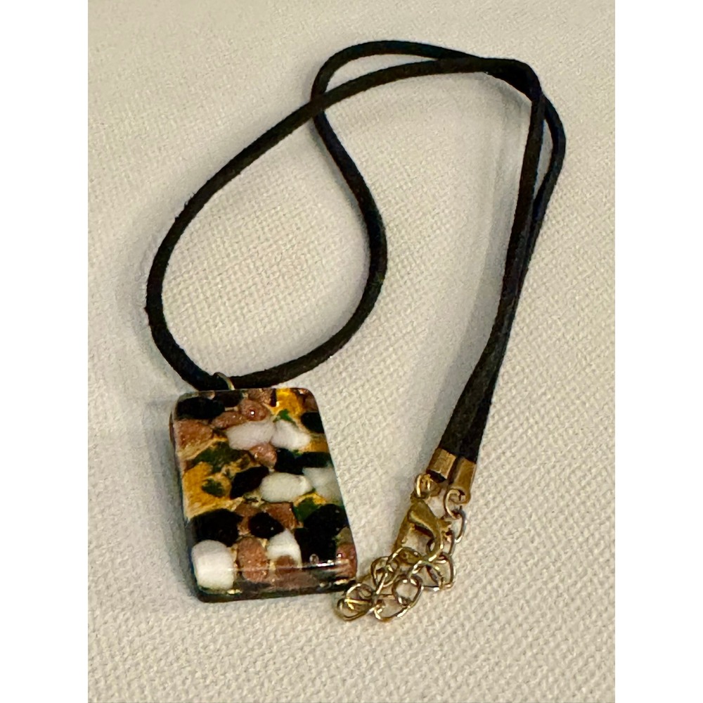Murano Glass Pendant Necklace Made in Italy Green Gold Mosaic Rectangle Italian